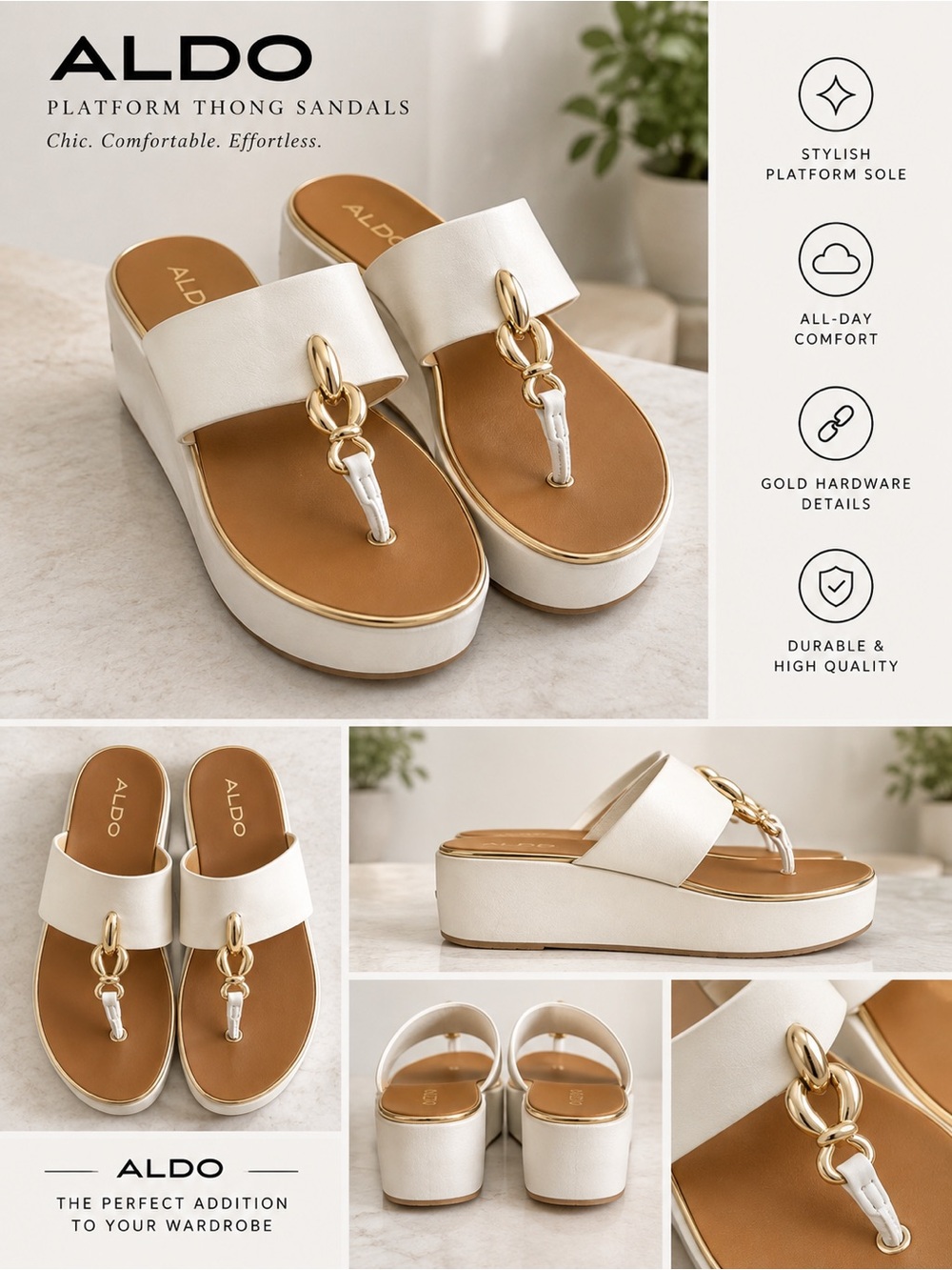 ALDO White Platform Thong Sandals with Gold Chain Detail